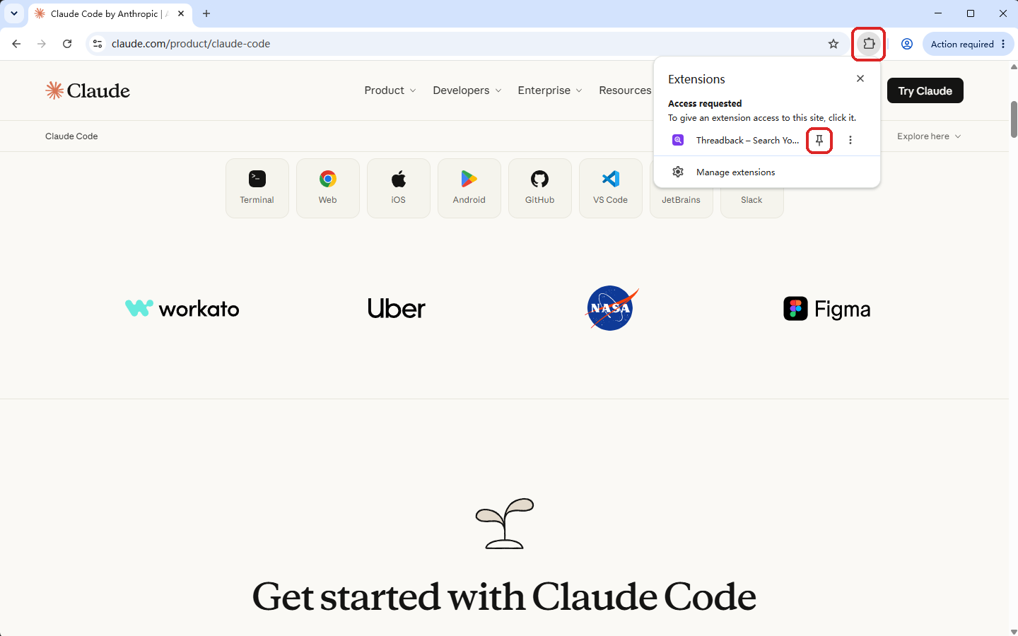 Click the puzzle icon in the browser toolbar, then the pin next to Threadback