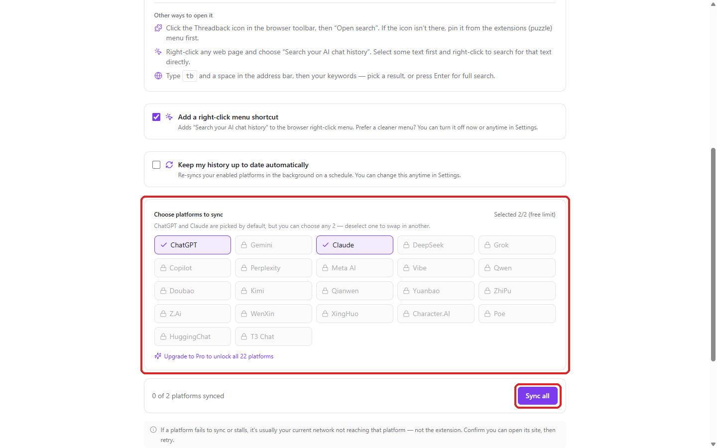 The setup page opens right after install: pick your platforms, then click Sync all