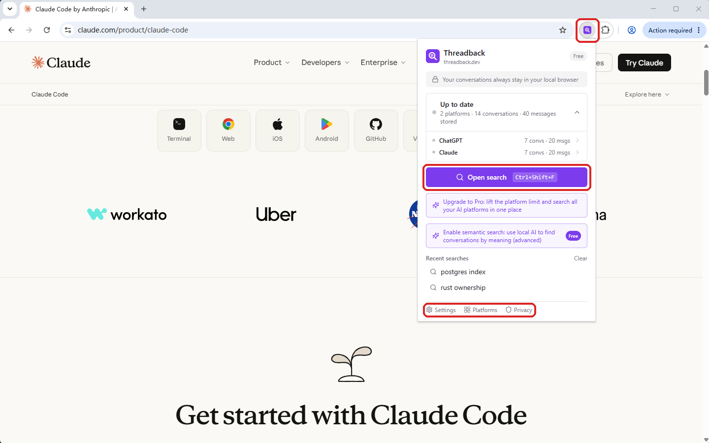 Click the Threadback icon in the toolbar to open the panel: sync status on top, Open search in the middle, Settings / Platforms / Privacy at the bottom