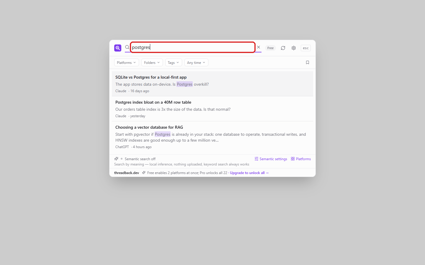 Results appear as you type; filters sit on top, semantic-search status at the bottom