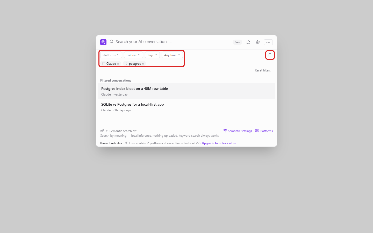Four dropdowns: platform, folder, tag and time range