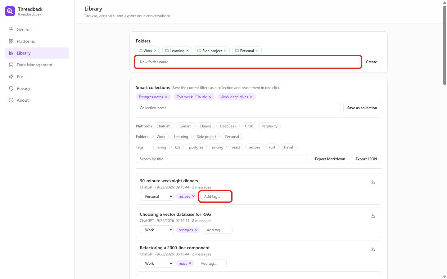 Settings → Library: folders and smart collections at the top, the conversation list below