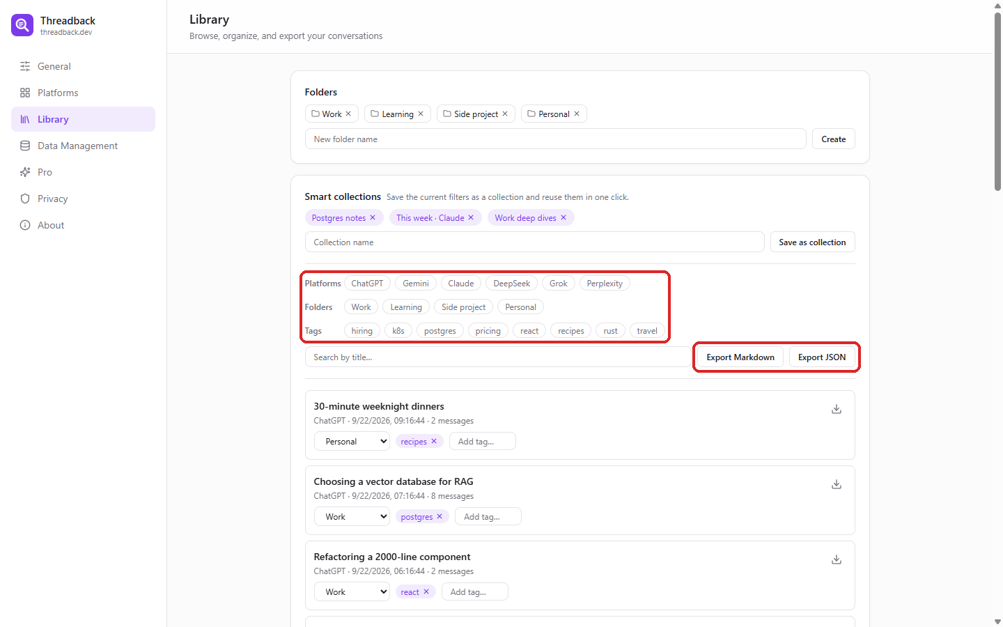 Filter first, then click Export Markdown or Export JSON