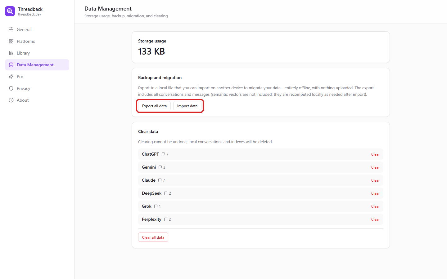 Settings → Data Management