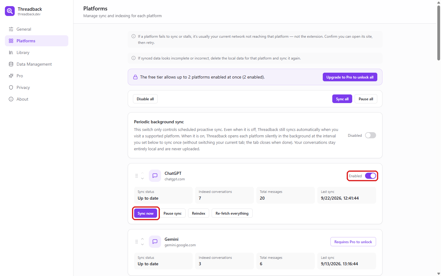 Settings → Platforms, one card per platform