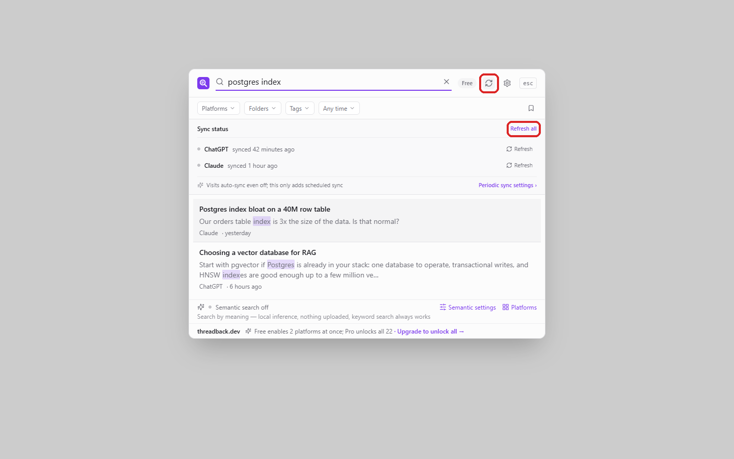 Click the sync icon in the search box row: the same statuses as on the platform cards open at the top of the search window